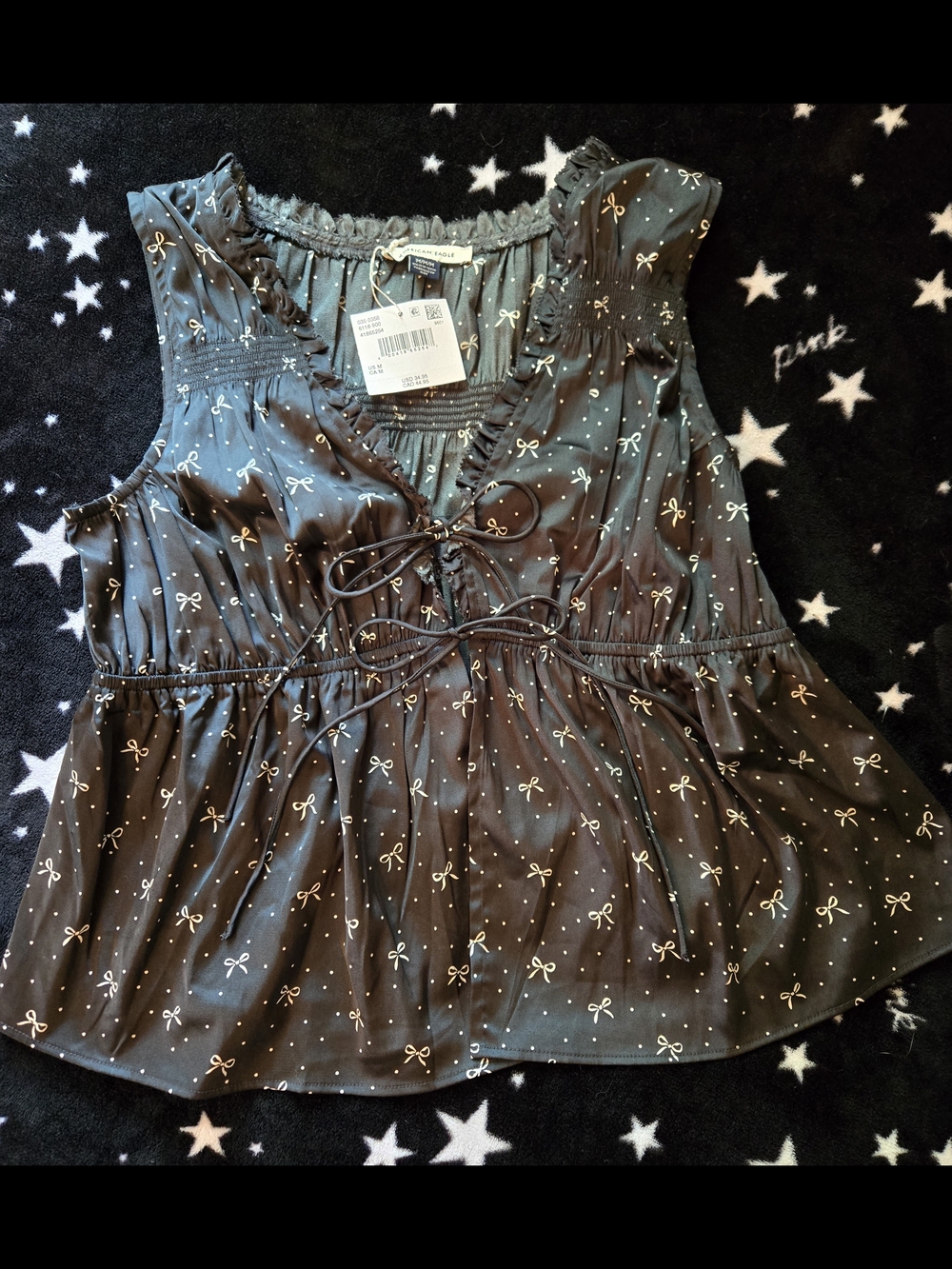 American Eagle Outfitters Black Bow-Print Tie-Front Peplum Tank